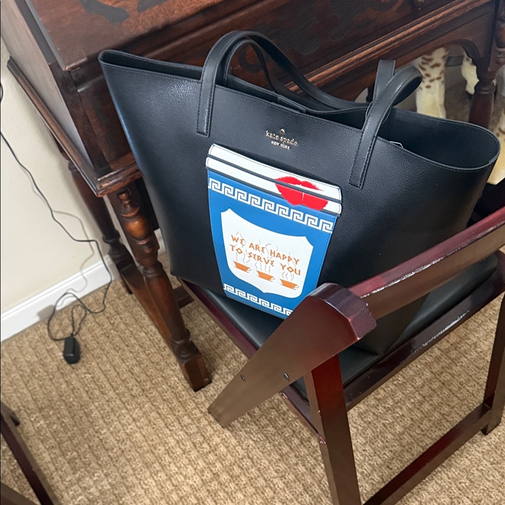 Kate Spade Black Leather Tote with Graphic Detail